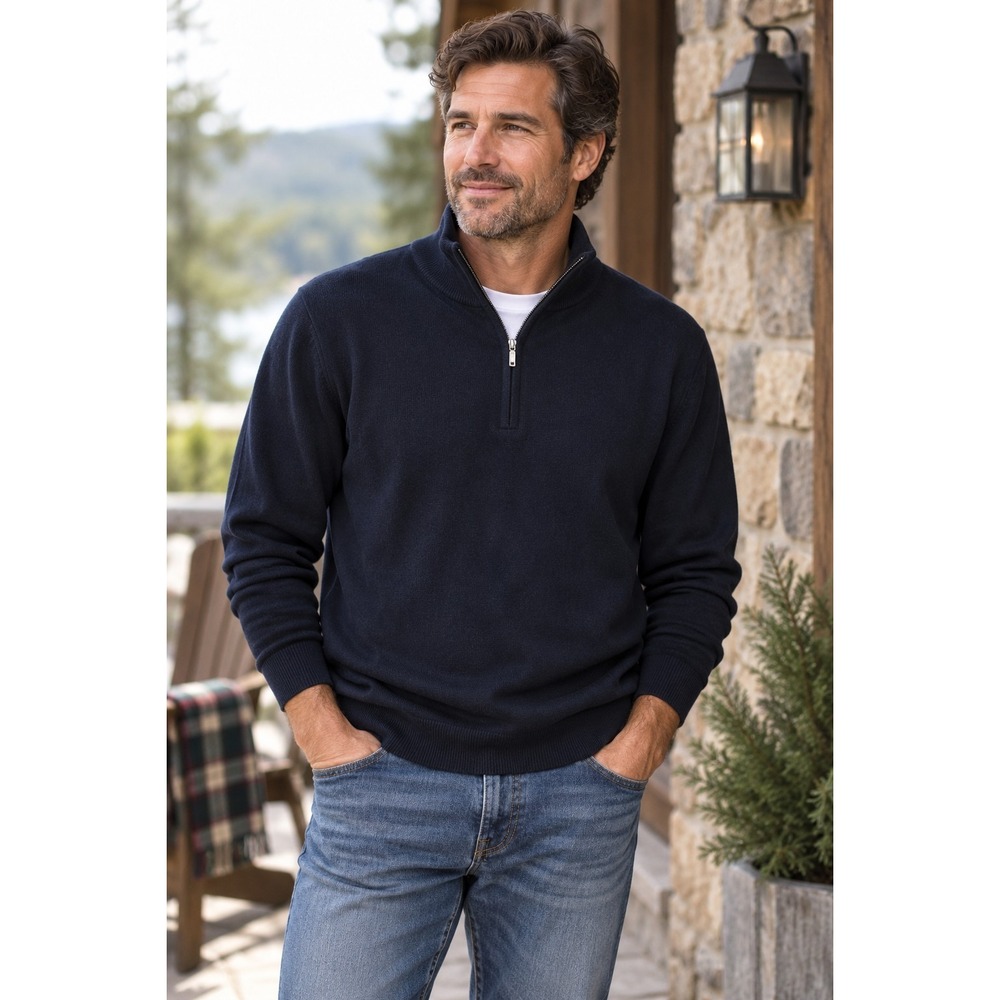 L.L.Bean Mens XL Tall Navy 1/4 Zip Cotton Cashmere Sweater Mock Neck Pullover